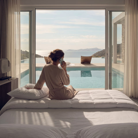 Person sitzt in einem Hanse Hotelzimmer auf einem luxuriösen Bett und telefoniert mit dem Kundendienst, während sie den Blick auf Infinity-Pool, Meer und Küstenlandschaft genießt – Symbol für persönlichen Schlafservice und erstklassige Betreuung.