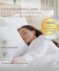 Person schläft entspannt auf dem Excellence 3-Kammer-Kissen Six Senses mit hochwertigen Daunen und Federn für natürliche Temperaturregulierung und weichen Liegekomfort.