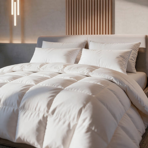 HANSE Premium Natural Hybrid Kopfkissen auf Hotelbett mit weißer Daunendecke vor Holzlamellen-Wand