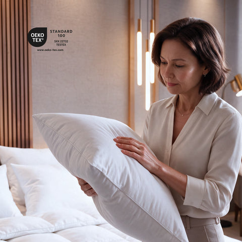 Frau prüft ein HANSE Premium Kissen, daneben das OEKO-TEX Standard 100 Siegel