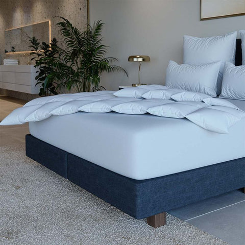 Moderne Schlafzimmer-Szene mit luxuriöser natürlicher Daunendecke und passenden Kissen auf stilvollem Bett