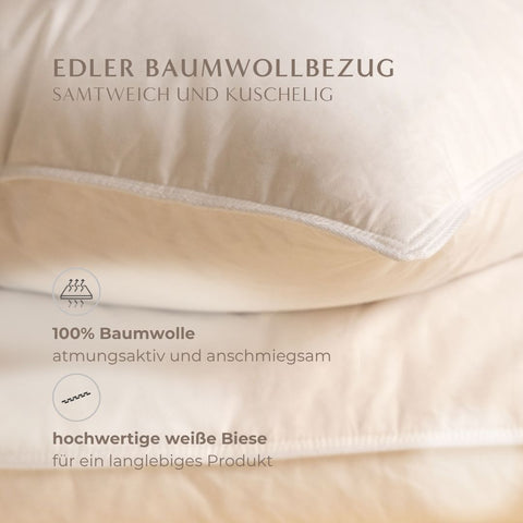 Nahaufnahme des Premium Seitenschläferkissens mit atmungsaktivem Baumwollbezug, feiner Biese und hochwertiger Verarbeitung.
