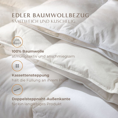 Halbdaunendecke mit edlem Baumwollbezug aus 100 Prozent Baumwolle und hochwertiger Kassettensteppung